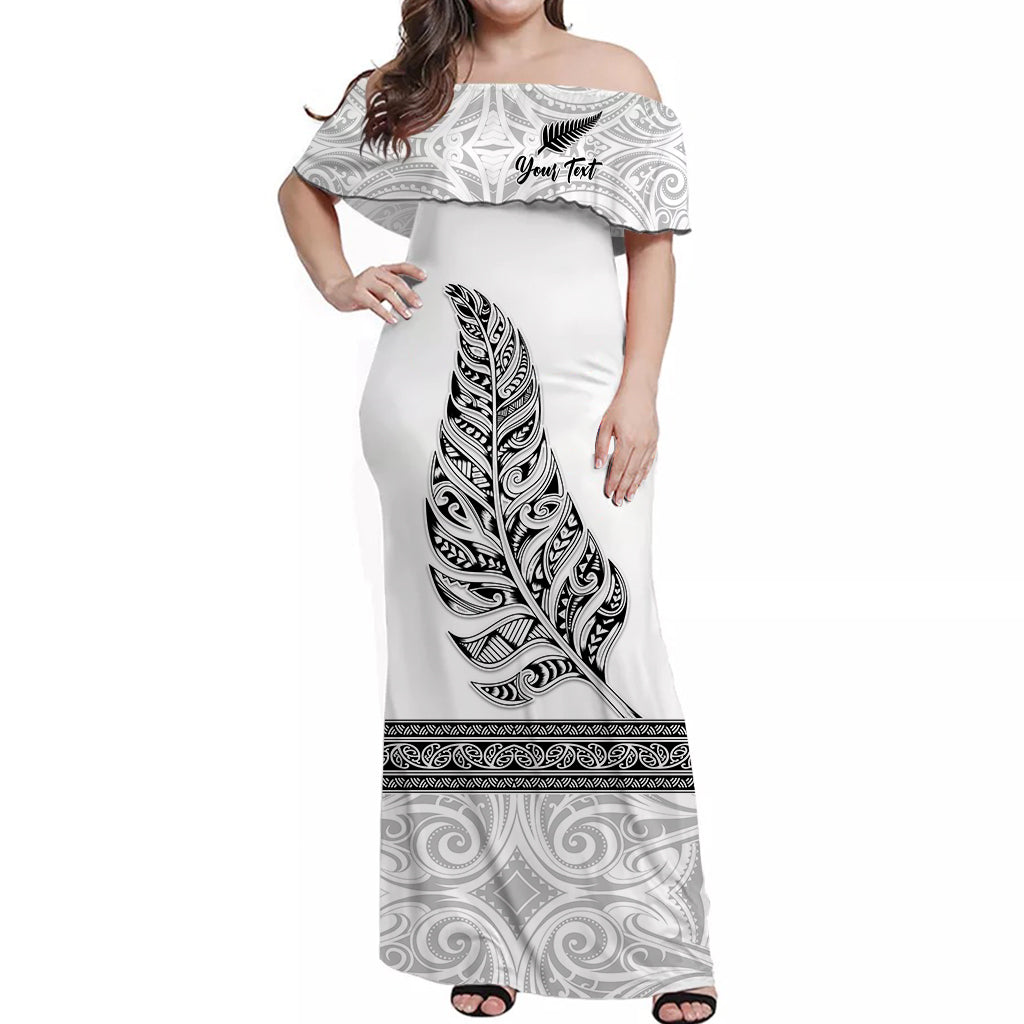 custom-personalised-new-zealand-off-shoulder-long-dress-maori-pattern-silver-fern-white