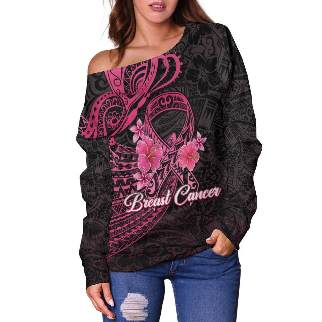Custom Personalised Breast Cancer Pink Ribbon Butterfly Polynesian Black Version Women Off Shoulder Sweater LT12 - Wonder Print Shop