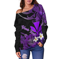 Custom Personalised Hawaii Turtle With Plumeria Leaf Purple Women Off Shoulder Sweater LT12 - Wonder Print Shop
