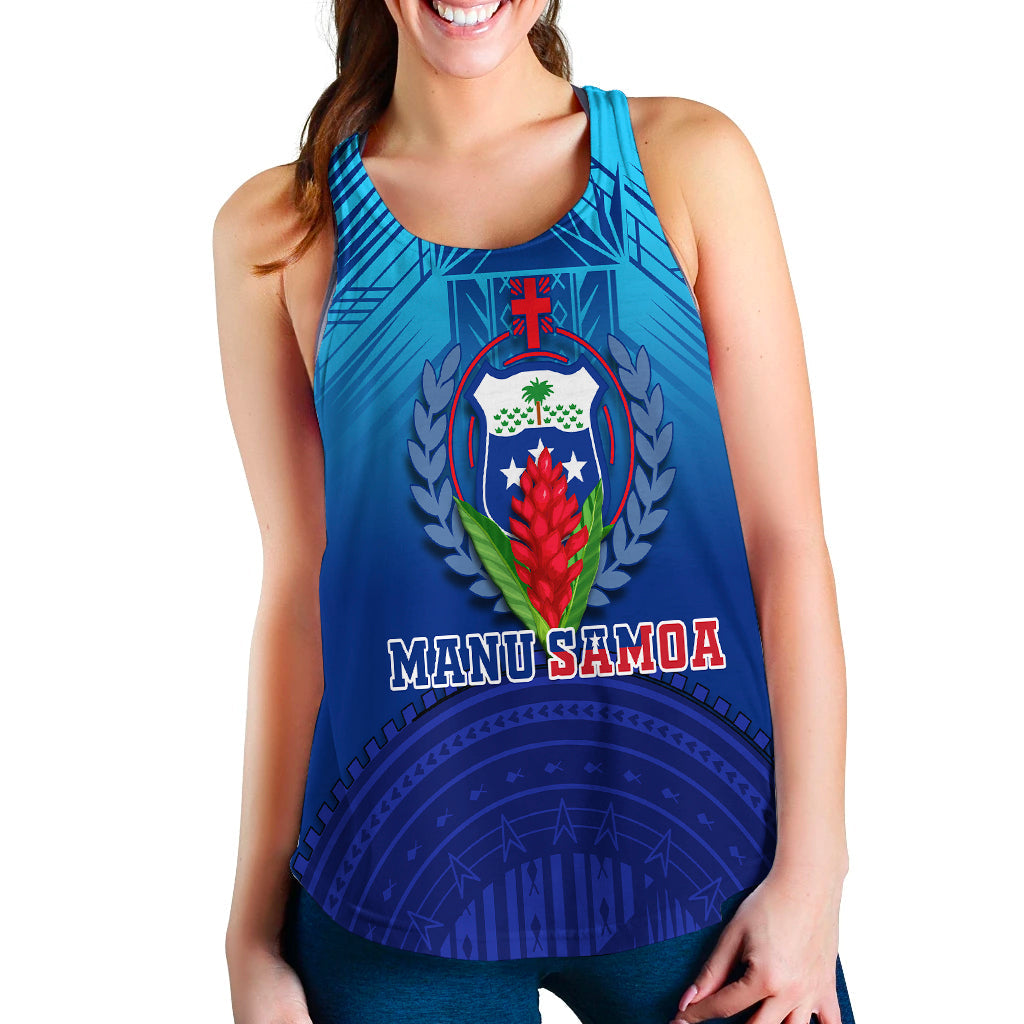 Blue women’s tank top with sleeveless scoop neck and Manu Samoa crest print