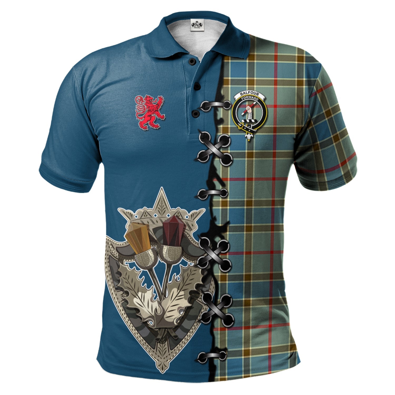 scottish-balfour-blue-clan-crest-tartan-lion-rampant-and-celtic-thistle-polo-shirt