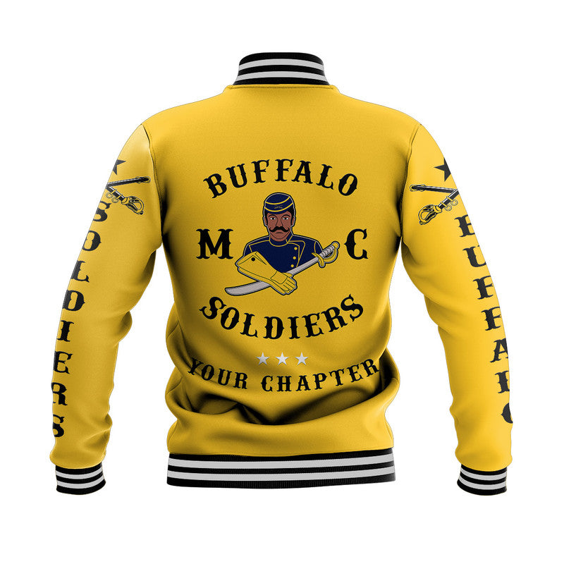 Gold baseball jacket back view, large Buffalo Soldiers graphic and striped rib collar