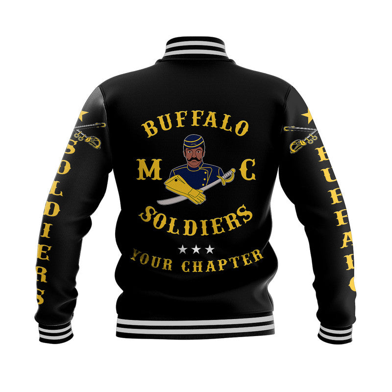 Black unisex baseball jacket with ribbed collar, striped hem, Buffalo Soldiers back graphic print