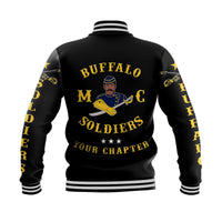 Black unisex baseball jacket with ribbed collar, striped hem, Buffalo Soldiers back graphic print