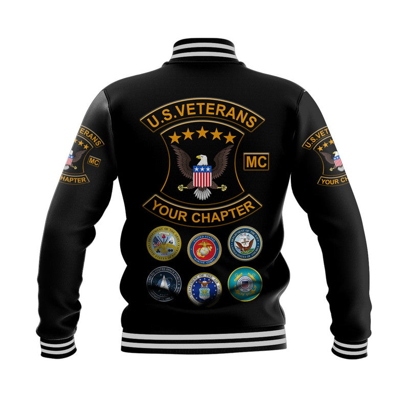Back of custom black varsity baseball jacket, large U.S. Veterans emblem and round chapter patches