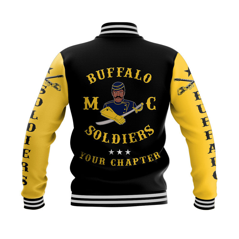 Black and gold varsity baseball jacket with back Buffalo Soldiers emblem and chapter text