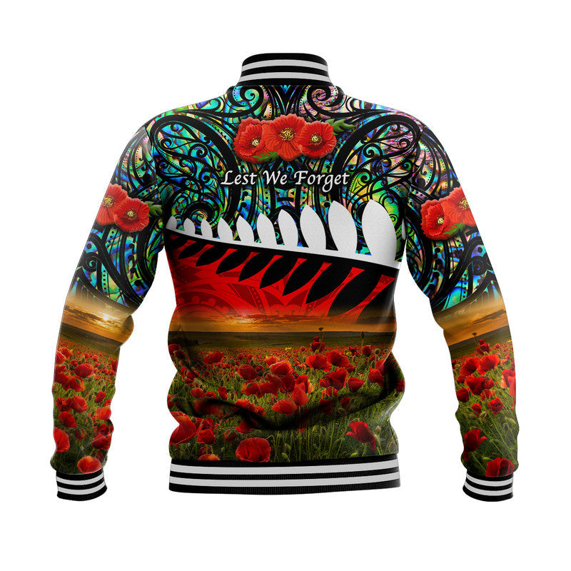 New Zealand Maori ANZAC Baseball Jacket Poppy Vibes Paua Shell LT8 - Wonder Print Shop