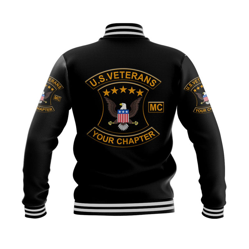 Black unisex varsity baseball jacket with large back U.S. Veterans MC crest and patches