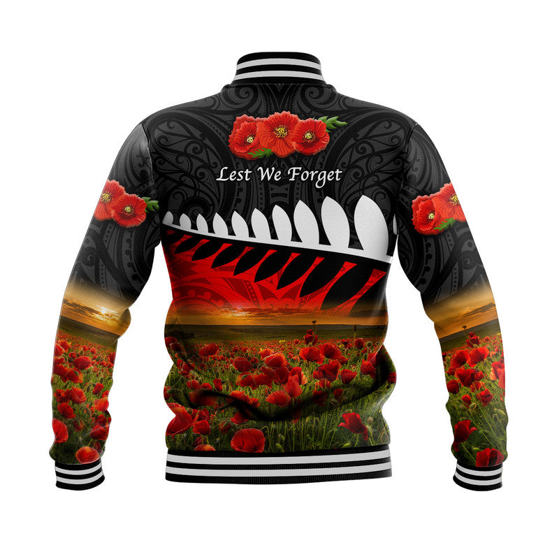 New Zealand Maori ANZAC Baseball Jacket Poppy Vibes Black LT8 - Wonder Print Shop
