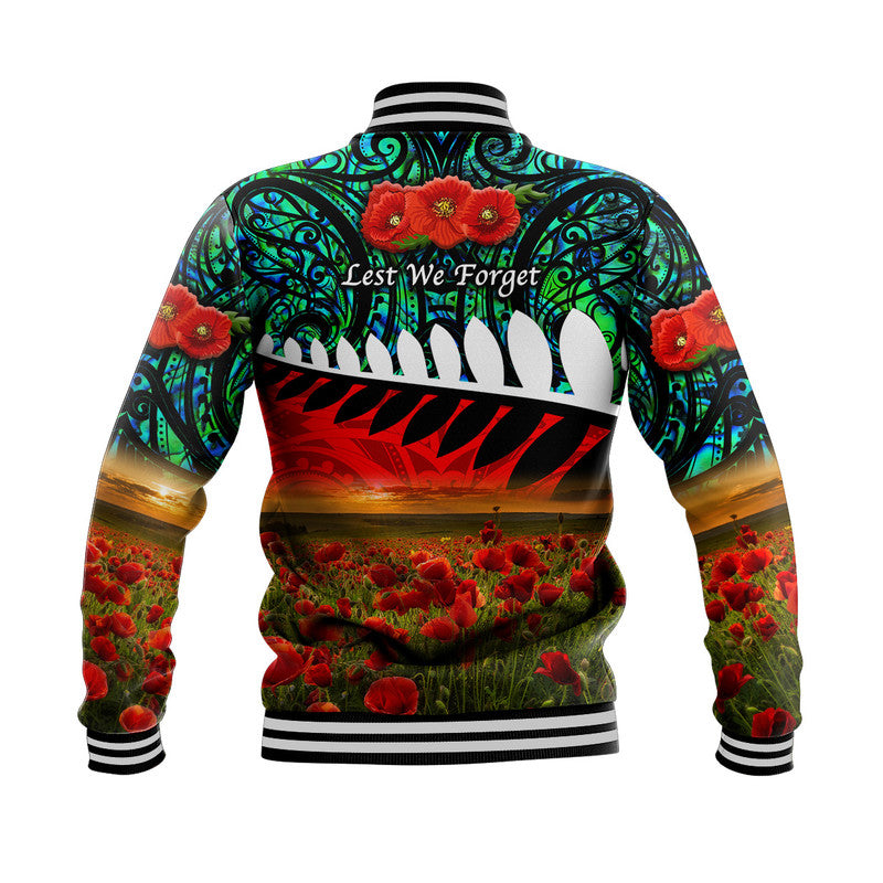 New Zealand Maori ANZAC Baseball Jacket Poppy Vibes Turquoise LT8 - Wonder Print Shop
