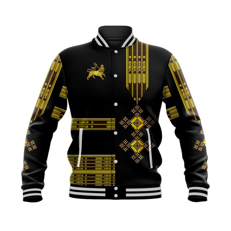 (Custom Personalised) Ethiopia Baseball Jacket Ethiopian Lion Of Judah Simple Tibeb Style - Black LT8 - Wonder Print Shop