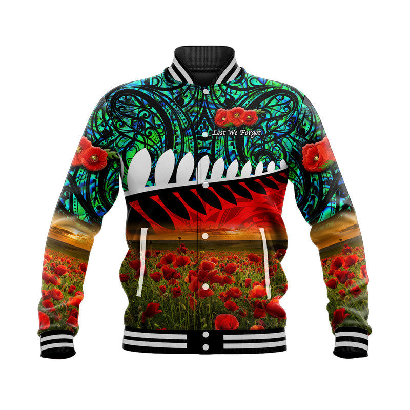 New Zealand Maori ANZAC Baseball Jacket Poppy Vibes Turquoise LT8 - Wonder Print Shop