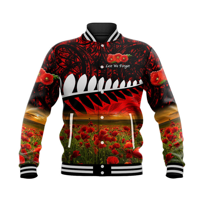 New Zealand Maori ANZAC Baseball Jacket Poppy Vibes Red LT8 - Wonder Print Shop