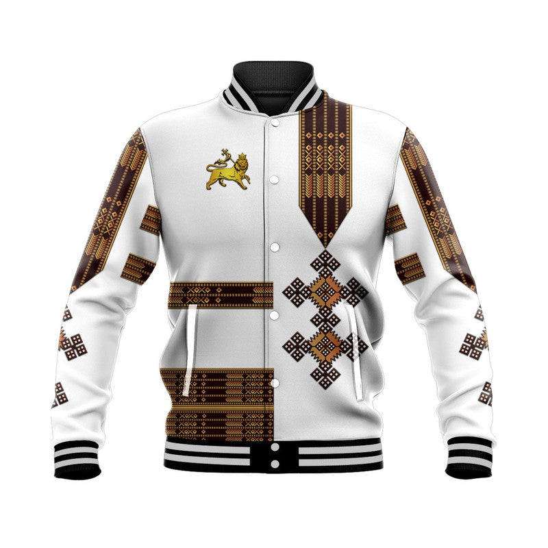 Ethiopia Baseball Jacket Ethiopian Lion Of Judah Simple Tibeb Style - White LT8 - Wonder Print Shop
