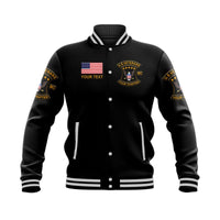 Black unisex varsity baseball jacket with front U.S. Veterans MC patches and custom text