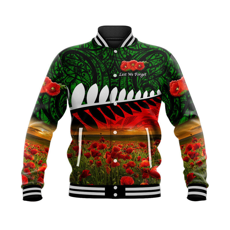 New Zealand Maori ANZAC Baseball Jacket Poppy Vibes Green LT8 - Wonder Print Shop