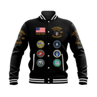 Black baseball jacket with button front and embroidered front club patches