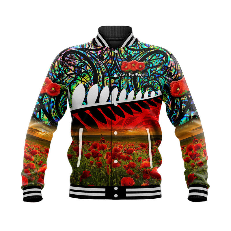 New Zealand Maori ANZAC Baseball Jacket Poppy Vibes Paua Shell LT8 - Wonder Print Shop