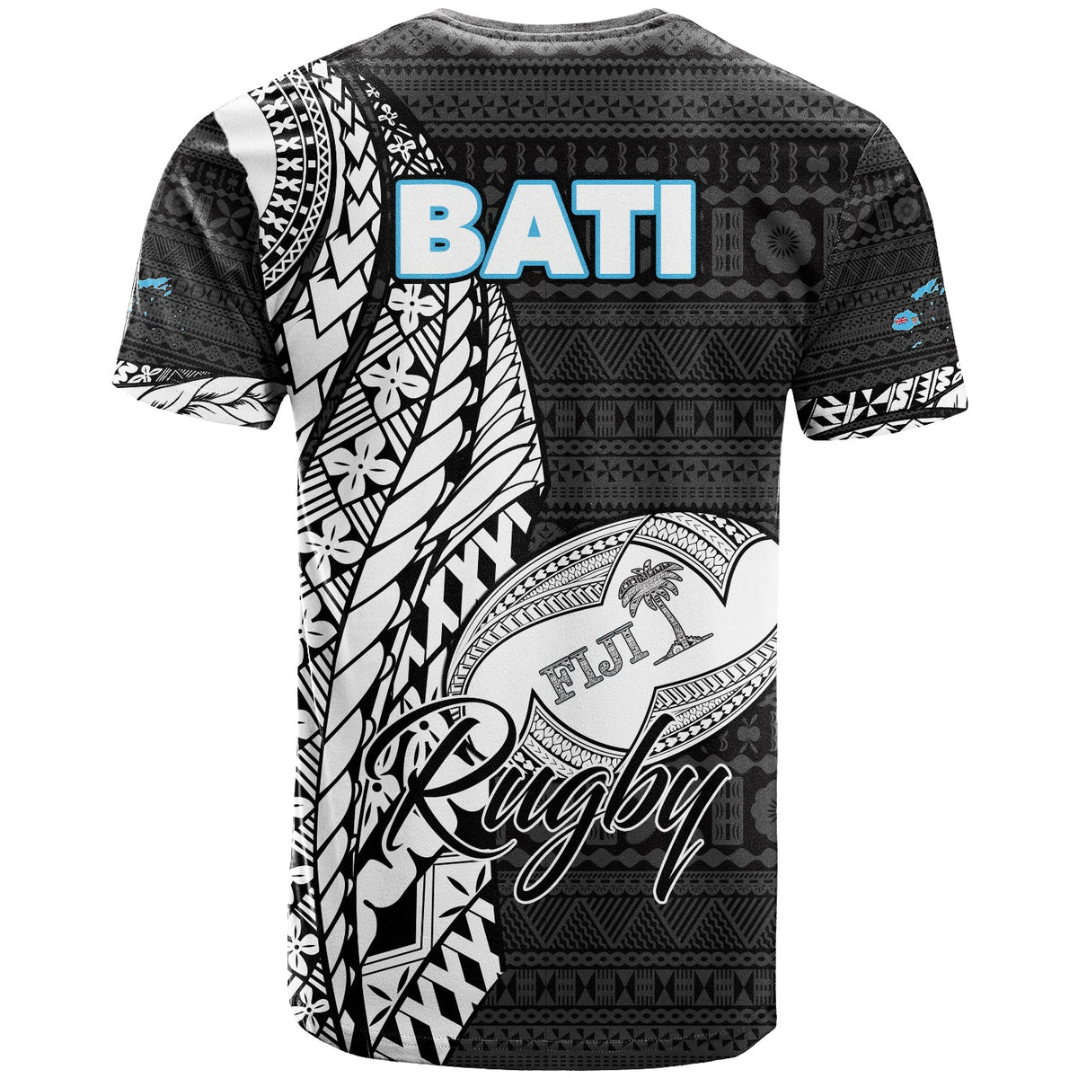 Black rugby T-shirt with tribal tapa pattern, blue BATI text, and Fiji Rugby graphic on back