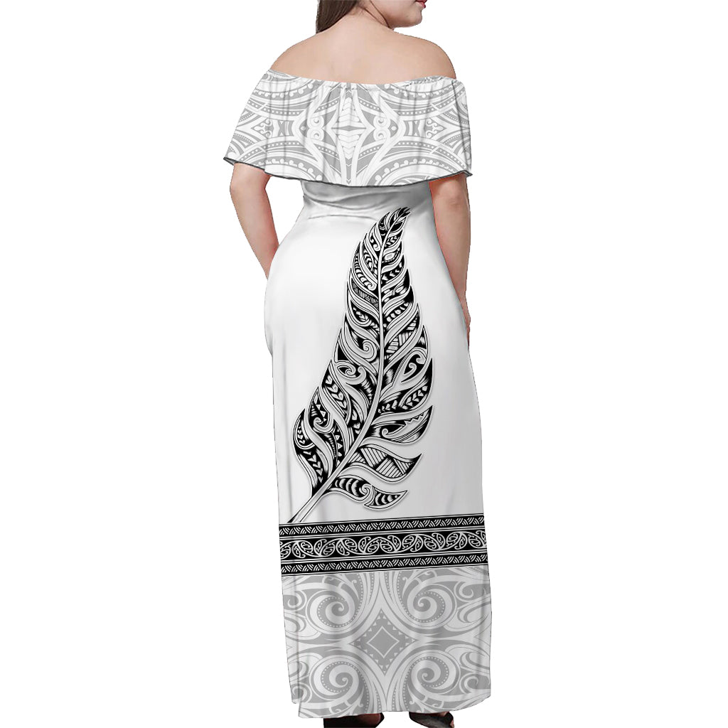 custom-personalised-new-zealand-off-shoulder-long-dress-maori-pattern-silver-fern-white