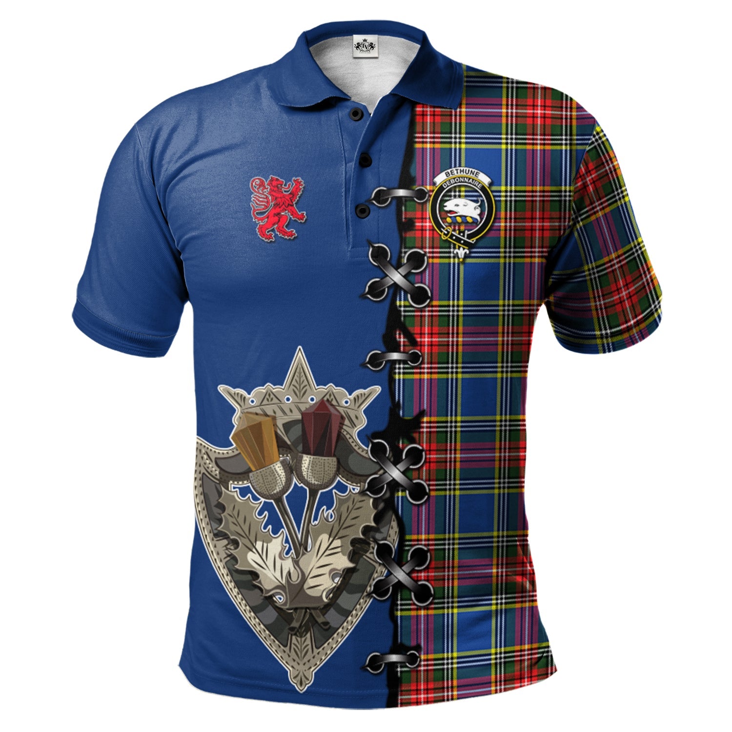 scottish-bethune-clan-crest-tartan-lion-rampant-and-celtic-thistle-polo-shirt