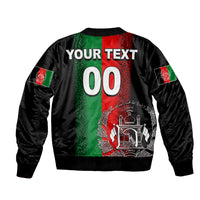 Black bomber jacket back with green-red panel, YOUR TEXT lettering and number 00
