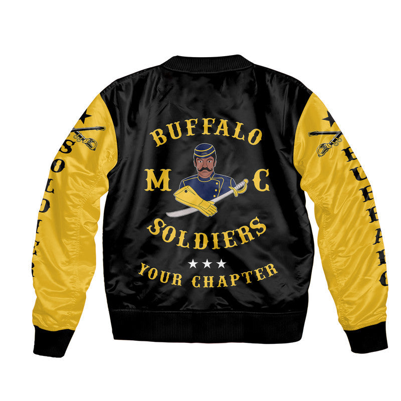 Black bomber jacket with gold sleeves, Buffalo MC Soldiers back graphic