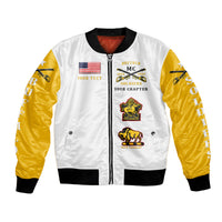White bomber jacket with gold sleeves, black ribbed collar, front zip, MC patches