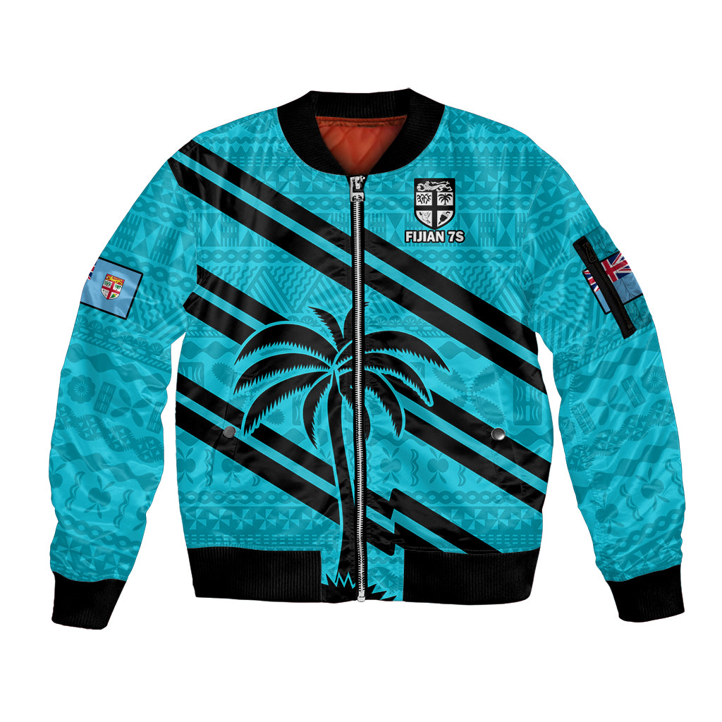 (Custom Text And Number) Fiji Rugby Tapa Pattern Fijian 7s Cyan Sleeve Zip Bomber Jacket - Wonder Print Shop
