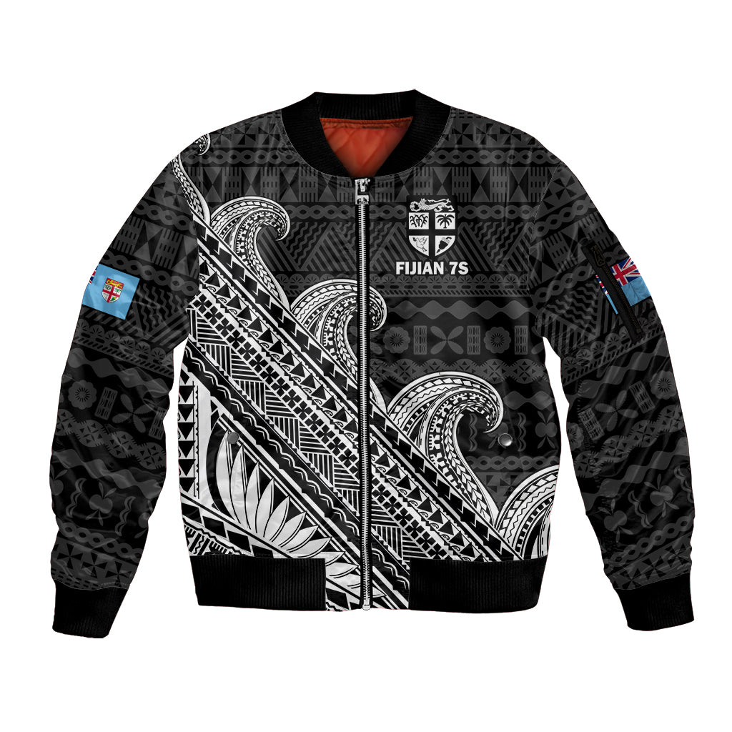 (Custom Text And Number) Fiji Sevens Rugby Fijian 7s Black Tapa Polynesian Art Sleeve Zip Bomber Jacket - Wonder Print Shop