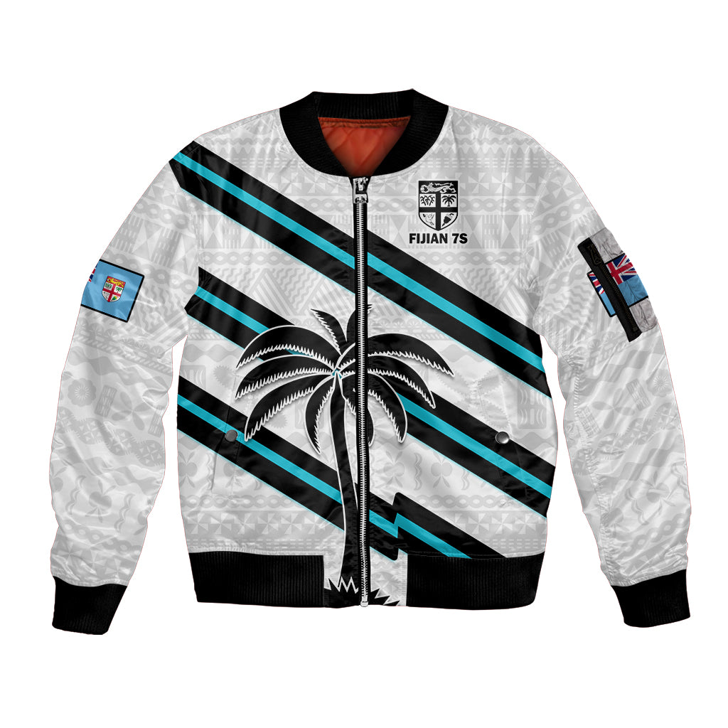 (Custom Text And Number) Fiji Rugby Tapa Pattern Fijian 7s White Sleeve Zip Bomber Jacket - Wonder Print Shop