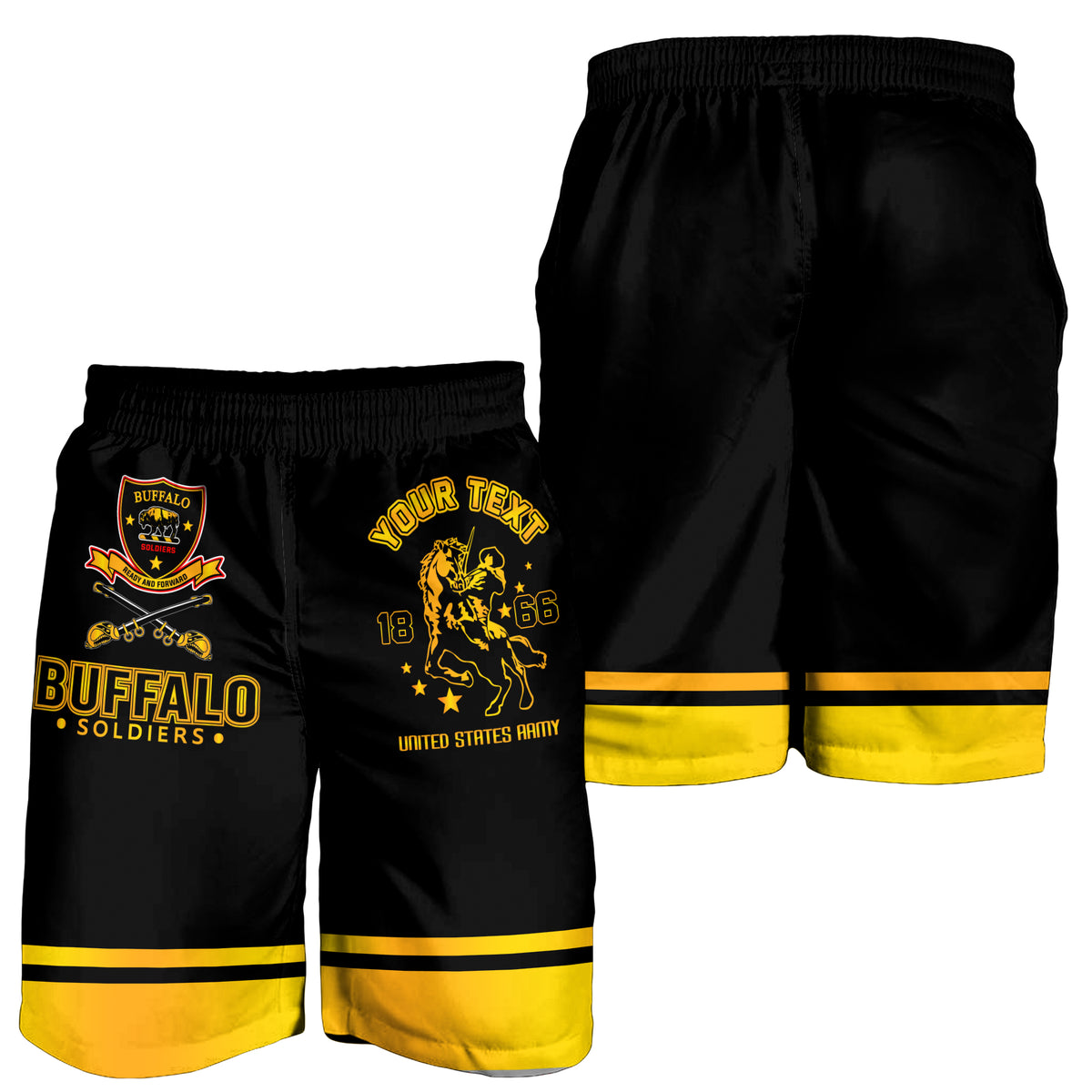 Men's black shorts with yellow hem stripes and gold crest and 'Your Text' graphic