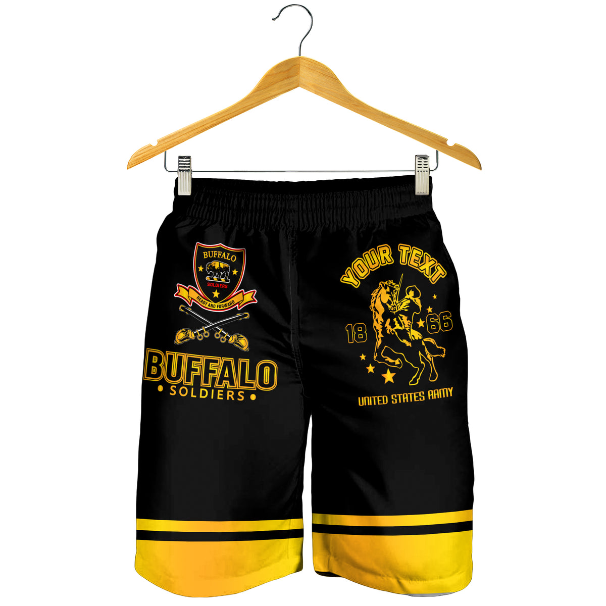 Men's black shorts with yellow hem and gold 'Your Text' and crest graphic, elastic waist