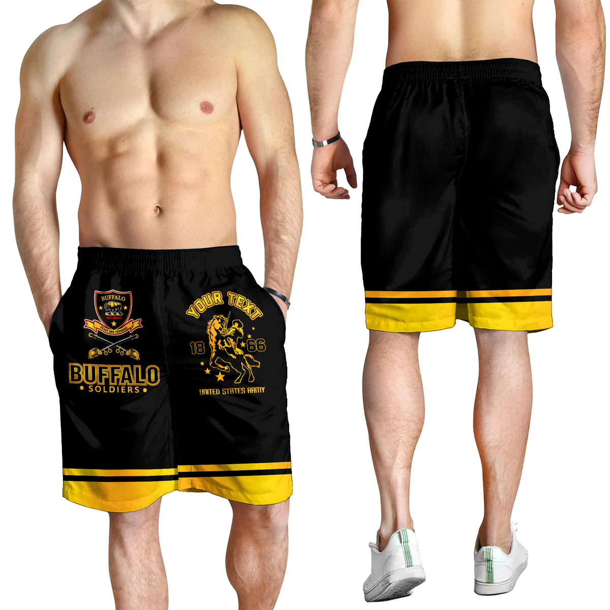 Men's black shorts with yellow hem stripe and gold 'Your Text' graphic, elastic waist