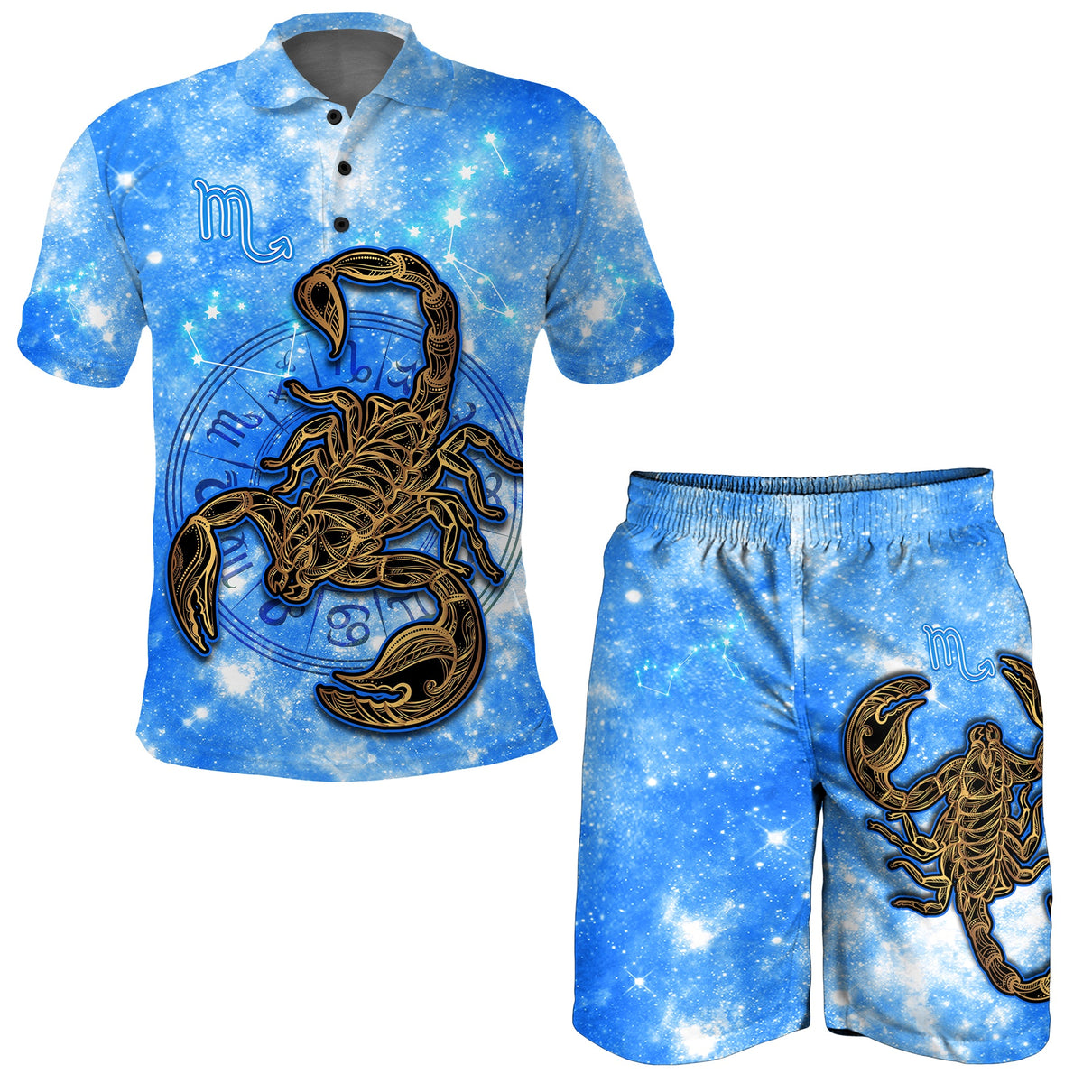 Blue Scorpio galaxy polo shirt with scorpion zodiac emblem on chest