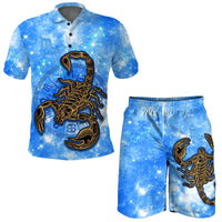 Blue Scorpio galaxy polo shirt with scorpion zodiac emblem on chest