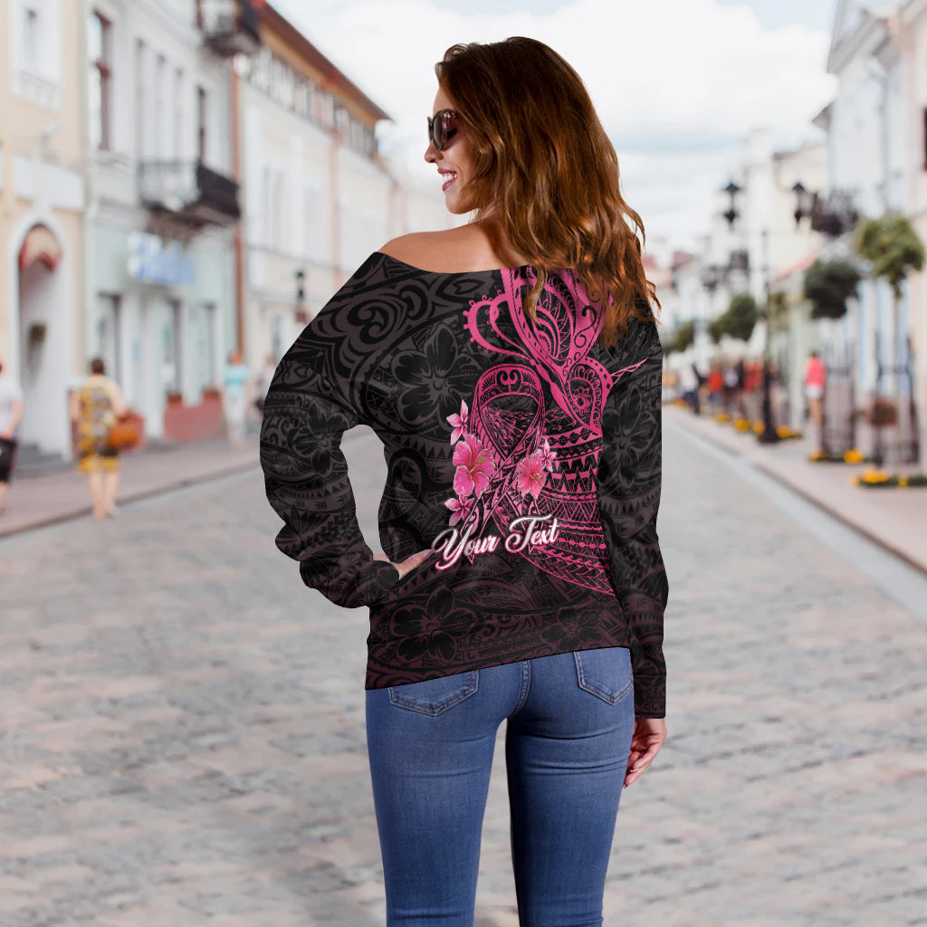 Custom Personalised Breast Cancer Pink Ribbon Butterfly Polynesian Black Version Women Off Shoulder Sweater LT12 - Wonder Print Shop