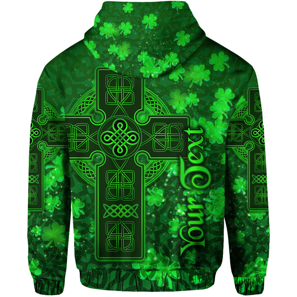 Green hoodie back view with Celtic cross center and shamrock clover motifs