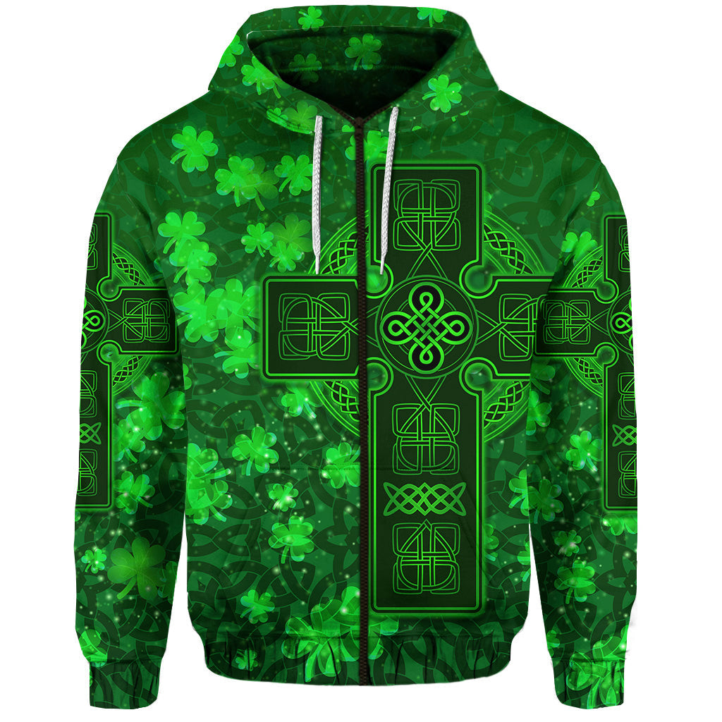 Green zip hoodie front view: neon-style Celtic symbols and cross with shamrock