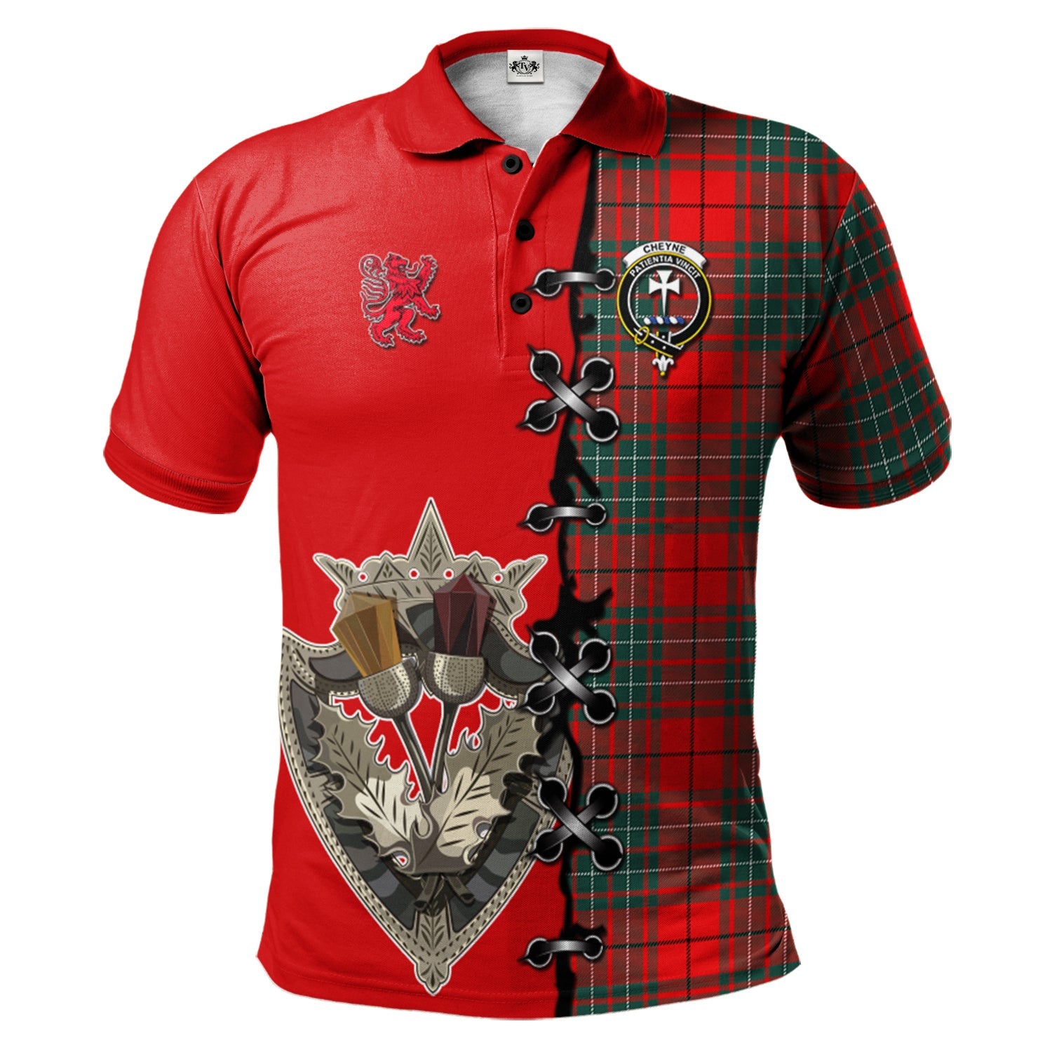 scottish-cheyne-clan-crest-tartan-lion-rampant-and-celtic-thistle-polo-shirt