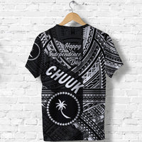 Black T-shirt back view with Happy Independence Day text and Chuuk pattern graphic