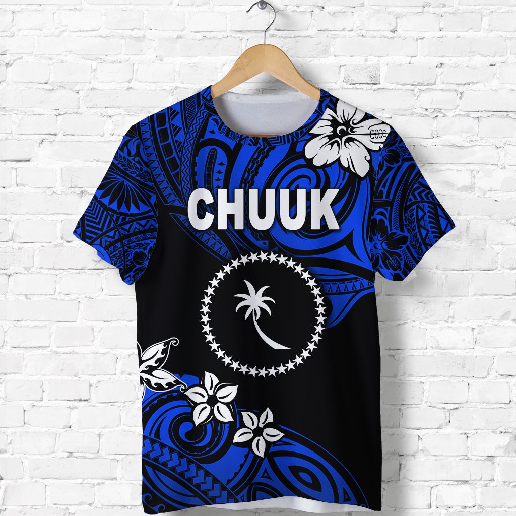 Front view CHUUK T-shirt in blue and black, star-ring hibiscus and floral print