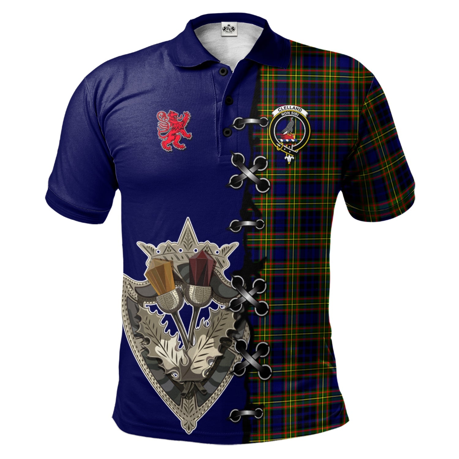 scottish-clelland-modern-clan-crest-tartan-lion-rampant-and-celtic-thistle-polo-shirt