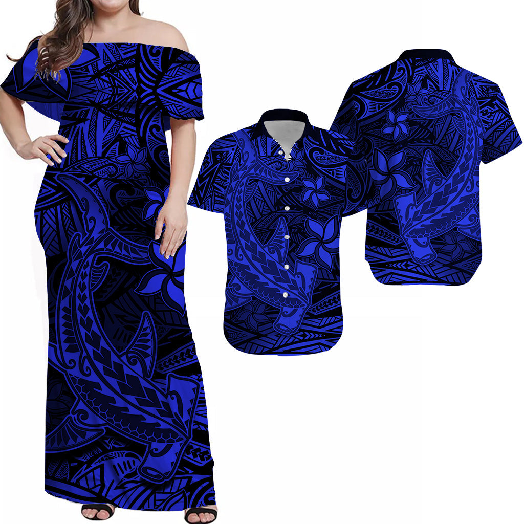 Polynesian Matching Hawaiian Shirt And Dress Blue Hawaiian Tribal Hammerhead Shark - Wonder Print Shop