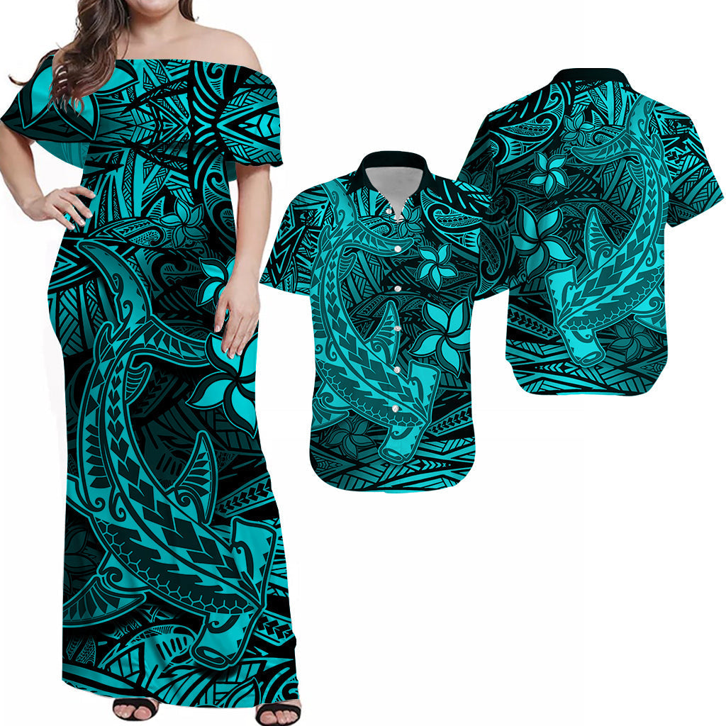 Polynesian Matching Hawaiian Shirt And Dress Turquoise Hawaiian Tribal Hammerhead Shark - Wonder Print Shop