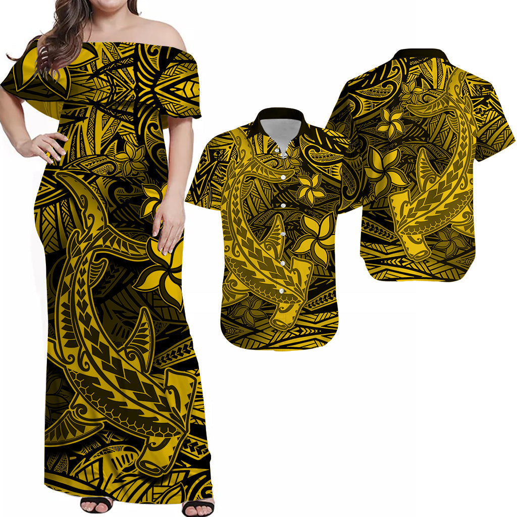 Polynesian Matching Hawaiian Shirt And Dress Gold Hawaiian Tribal Hammerhead Shark - Wonder Print Shop