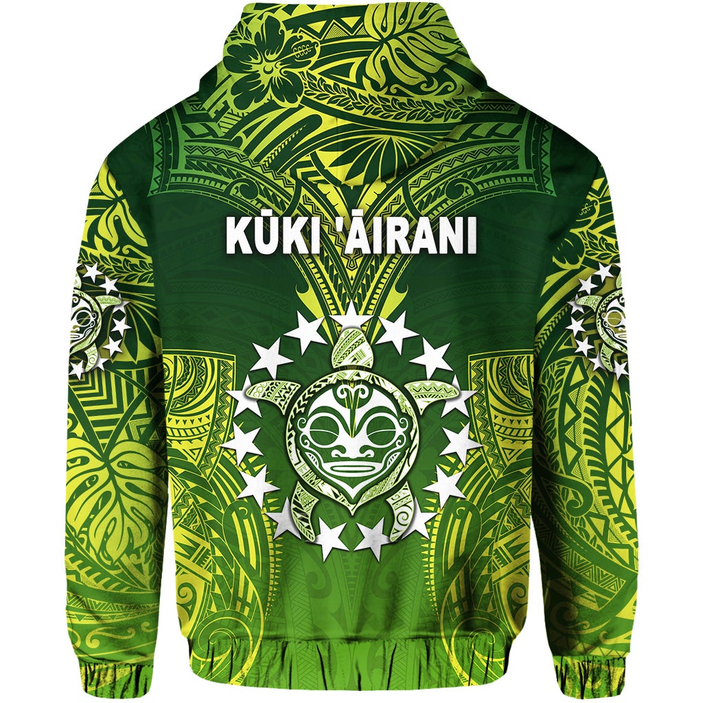 Green hoodie back with Kuki Airani text and white star emblem, hooded with drawstrings