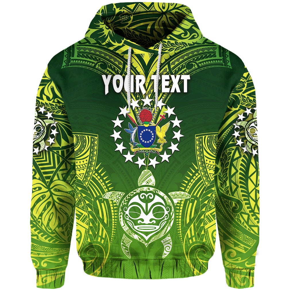 Green hoodie front with centered emblem collage, custom text across chest, hooded