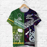 T-shirt with green and purple panels showing Cook Islands and Aotearoa text and figures