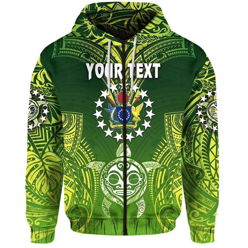 Grüner Zip-Hoodie mit Rückendruck und Kordelzug, „Your Text“ über Sternen-Emblem